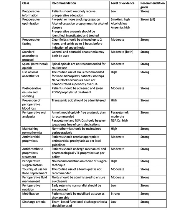 Table 1. Summary of ERAS society guidelines for lower limb arthroplasty. Adapted from (1)
